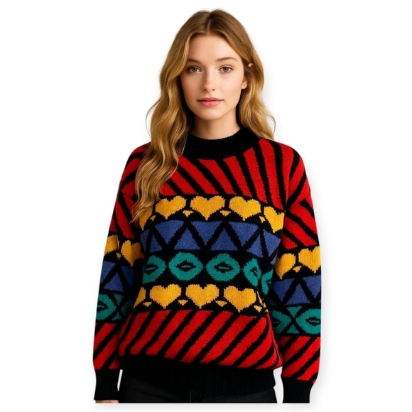 Vintage Sweaters - Vintage 90s Adele Knitwear Heart Geometric Statement Sweater Made USA Medium